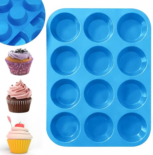 plastific 12 moldes grandes de silicona para magdalenas Yorkshire Pudding Moldes para hornear magdalenas bandeja de silicona profunda para magdalenas (azul)