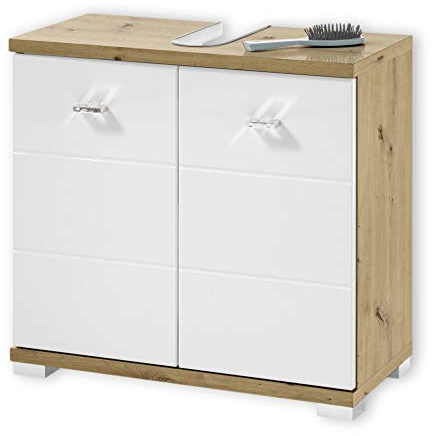Stella Trading Badezimmer Waschbeckenunterschrank in Artisan Eiche Optik, Weiß - Moderner Bad Unterschrank Badezimmerschrank mit viel Stauraum - 60 x 52 x 30 cm (B/H/T) | Bad Unterschrank in Artisan Eiche Optik mit weißer Hochglanz Front, 2 Türen, 1 Boden, moderne Optik