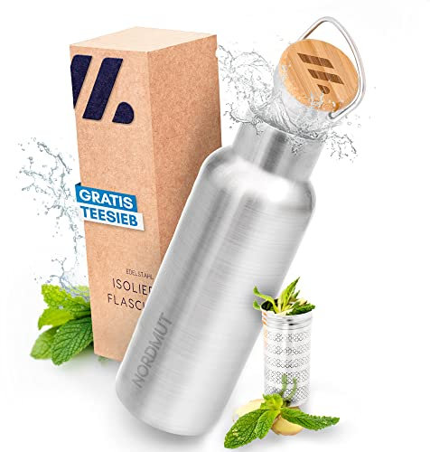 NORDMUT® Edelstahl Trinkflasche isoliert + Teesieb | Thermosflasche spülmaschinengeeignet | Isolierflasche für Kinder und Erwachsene | Wasserflasche auslaufsicher | 500 ml | mit praktischem Teesieb