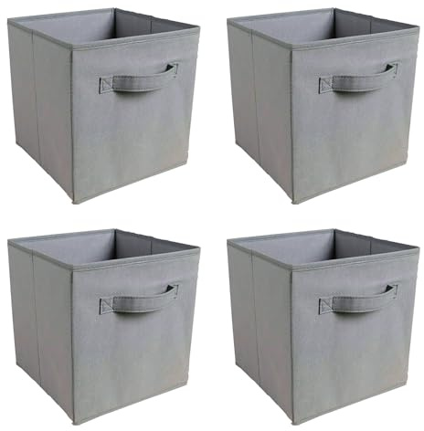 JaHECOME Set of 4 Fabric Storage Boxes Grey Foldable Cube Storage Bins Organizer Basket with Handles for Drawers Shelves in Bedroom, Nursery Office, Playroom (GREY)