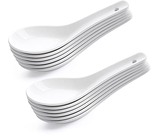 NJCharms Lot de 12 cuillères à soupe asiatiques en céramique - Convient pour ramen, nouilles, petites cuillères à apéritif - Blanc