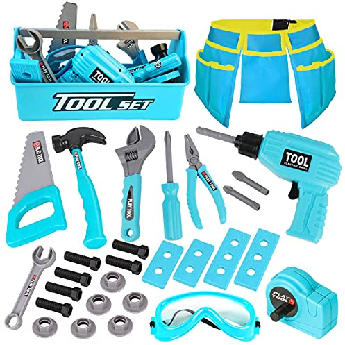 LOYO Kids Tool Set - 30Pcs Pretend Play Tool Box with Belt, Electric Toy Drill, Construction Tool Toys for 3-6 Year Old Boys Girls Gifts (Blue)