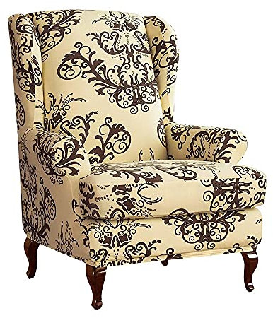 Highdi 2-Teilig Ohrensessel Bezug Stretch Sesselüberwürfe Vintage klassisches Barock Muster Elastisch Sesselhusse Husse für Ohrensessel Relaxsessel Fernsehsessel mit Armlehne (Braun)