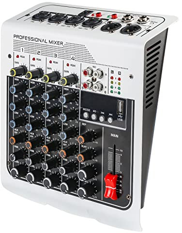 4 Canaux Table de Mixage Audio Console de Mixage Compacte, Console Son Mixeur Audio DJ Avec FX Reverb Retard Effets Et Alimentation Fantôme 48V Partageable Bluetooth ou MP3 avec Interface USB Audio
