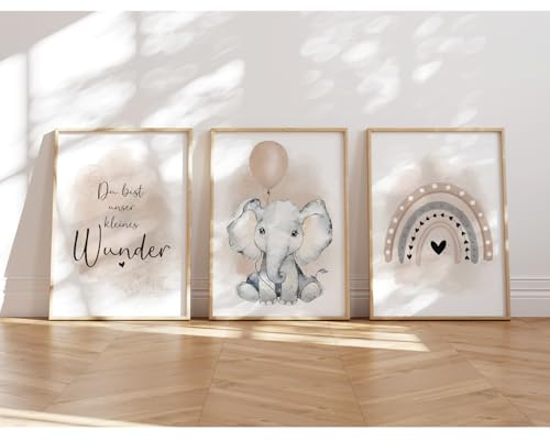 MeinBaby123® I Bilder Kinderzimmer | 3er Set DIN A4 Poster Set | Wandbilder | Kinderzimmer Poster | Deko Bilder Kinderzimmer Mädchen und Jungen | Wandposter Premium(Elefant & Luftballon beige)