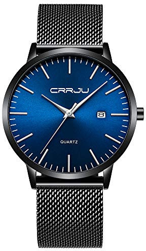 CRRJU Herren Uhr Ultra Dünne Wasserdicht Armbanduhr Herren Mode mit Schwarz Edelstahlband Mesh Analog Quarz Business Männer Uhren (Schwarz Blau Silber)