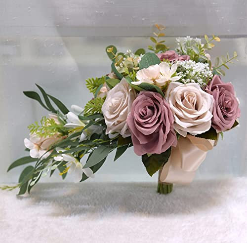 CAZARU Silk Rose Cascading Bride Bouquet Wasserfall Hochzeitsblume, rustikaler Brautstrauß mit Weidenblättern, handgefertigter Brautstrauß für Hochzeitsdeko,A