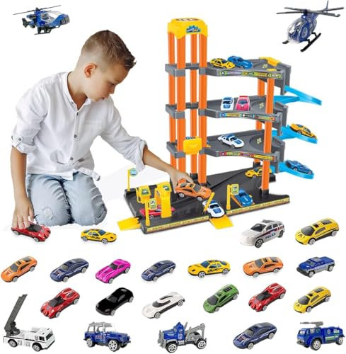 Xwin Sportseries Spiral Parking Garage Toy Set for Kids, 4-Story Parking Lot Playset Preschool Car Games Toys for Kids Vehicle Playsets Race Car Ramp Track Toy for 5 6 7 Year Old