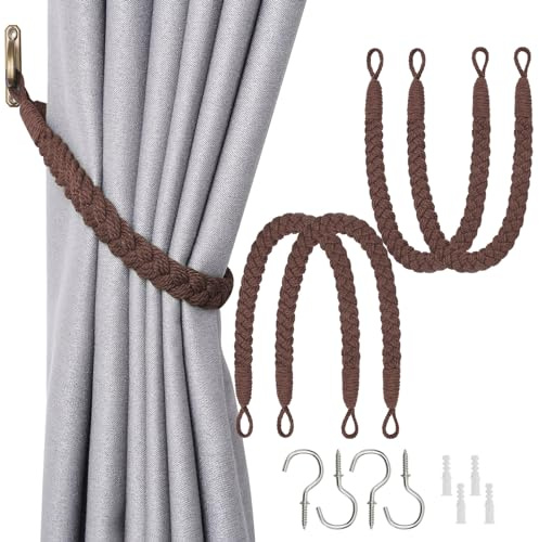 Pretty Jolly Vorhang Raffhalter aus natürlichem Baumwollseil, eleganter, dekorativer Vorhang-Raffhalter im Boho-Stil, weiche, handgewebte Seil-Vorhanghalter für Zuhause und Büro, Kaffee, 4 Stück