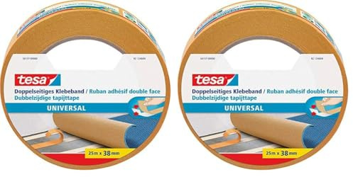 tesa Doppelseitiges Klebeband Universal - Vielseitiges Klebeband für Verpackungen, Deko und Teppiche oder zum Basteln - 25 m x 38 mm (Packung mit 2)