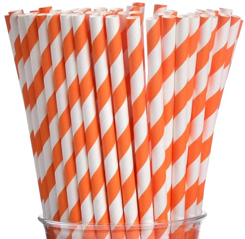 ALINK 100 Orange and White Striped Paper Straws, Biodegradable Disposable Drinking Straws for Halloween, Bridal Shower, Brithday, New Year, Party Decoration Supplies