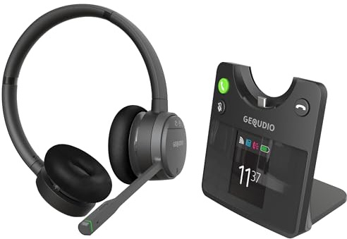 GEQUDIO GC-4+B Kabelloses Headset – DECT & Bluetooth System mit ANC – Farbdisplay Basisstation für Unify OpenScape, GX5, GZ-6, PC & Mac – 200m Reichweite – Stereo – Modell: GC-4+B