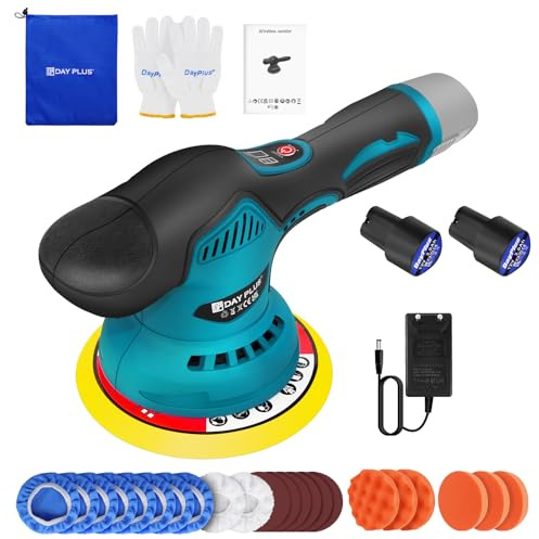 Mini poliermaschine 5.8inch, Akku Auto Poliermaschine mit LCD-Bildschirm, 2800-5500r/min Orbital Poliermaschine 12mm, 2 x 2,0Ah Akkus für Auto Möbeln Metall