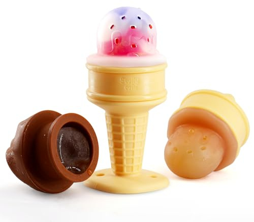 Smily Mia Baby Fruit Food Feeder & Freezer Teether Combo, ICY Bite Ice Cream Teether for Baby Cooling Relief, BPA Free Silicone Feeder for Safe Infant Self Feeding,3 Month+,Choclate Brown
