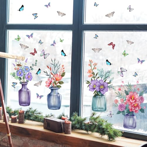 WandSticker4U®- Fensterbilder Frühling selbstklebend BLUMEN IN GLASVASEN lila/blau I Fenstersticker Blumen Kinder Schlafzimmer Küche Bad I Fensteraufkleber Frühlingsdeko Sommer wiederverwendbar