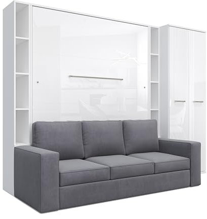 MAXIMAHOUSE Schrankbett vertikal mit Sofa, 2 Regalen und Kleiderschrank, Invento LED 160V mit Lattenrost aus Holz, Wandklappbett 160x200 modern Design (Weiß/Weiß Glanz + graues Sofa)