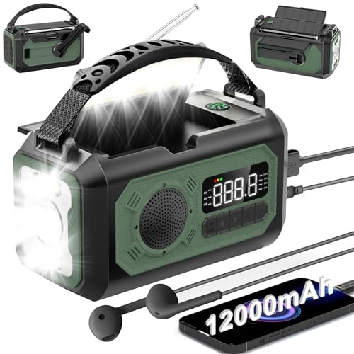 irjeen Radio d'urgence 12 000 mAh, radio à manivelle, radio d'alerte météo portable AM/FM/NOAA, radio solaire avec lampe de poche, lampe de lecture, alarme SOS, banque d'alimentation, pour urgence