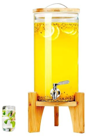 Drinks Dispenser 15 Liters,Drinks Dispenser Barrel Made of Glass with Stand and Lid,Stainless Steel Tap for Juice, Water, Cocktails, Milk and Iced Tea - Retro Drinks Dispenser for Parties, Picnics