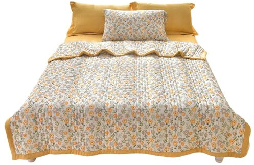 Surwin Trapuntino Copriletto per Primaverile Estivo Reversibile Stampa Copriletto Trapuntato in Microfibra Leggero per Singolo Matrimoniale e Piazza e Mezza (200x230cm,Floreale Giallo)