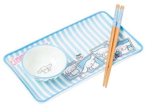 Silver Buffalo Sanrio Hello Kitty and Friends Cinnamoroll Polaroids Keramik-Sushi-Set mit blau-weißen Streifen, mit Dip-Soßenschale und passenden Essstäbchen