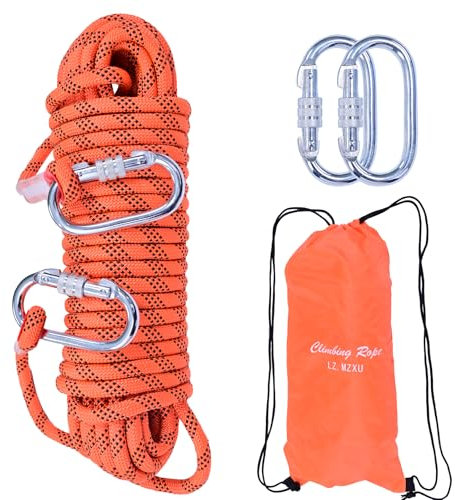 LZ.MZXU Corda da Arrampicata 20 Metri 10mm Corda per Arrampicata Corda di Sicurezza con 2 Moschettone Multifunzionale Corda per Alpinismo Campeggio Sportivo All'aperto(Orange)