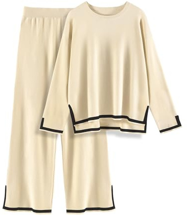CMTOP Conjunto Punto Mujer Chandal Completo 2 Piezas de Cuello Redondo Tejer Manga Larga y Pantalones Casual Traje Deportivo Conjunto dos Piezas Otoño Suelto Chándal de Punto(Albaricoque, XL)