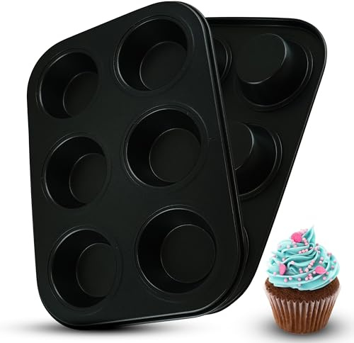 HOVUK 2X Carbon Steel Muffin Tins, 6-Cup Non-Stick Baking Trays for Cupcakes, Brownies, Cakes, 27cm Dishwasher Safe Grey Moulds