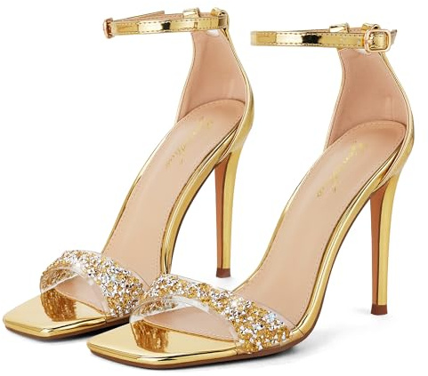 GENSHUO Sandal Heels for Women, Strappy High Heels with Sparkly Rhinestones, 4-Inch Stilettos Square Open Toe Dressy Sexy Shoes for Prom Wedding Party, Gold, 4.5 UK