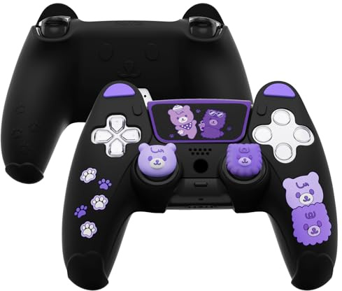 playvital Funda de Silicona Kawaii para ps5 Mando | Carcasa Protectora, Compatible con Base de Carga, Agarre Antideslizante, Tapas para Pulgar, Diseño de Oso, Negro & Violeta