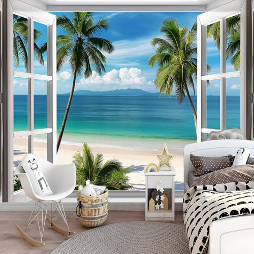 Papel pintado 250 x 175 cm Mural de pared de arte premium no tejido Playa escénica con árboles decoración de dormitorio impreso diseño moderno, Blanco Revestimiento de paredes