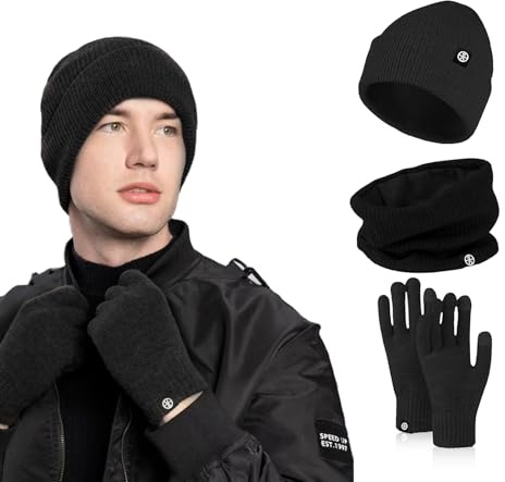 Nenkarn Mens Hat Scarf and Gloves Set, 3 in 1 Winter Thermal Hat Gloves Neck Warmer Set Thick Fleece Touchscreen Glove Knitted Cap Cold Weather Accessories Sets