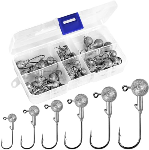 Annyswit 50 Pièces Têtes Plombées avec Crochets Ronde, 6 Tailles hameçons pour tête plombée en Plomb pour Leurres Souples, Hameçons pour Brochet, Sandre, Accessoires de Pêche (1g, 2g, 3g, 5g, 7g, 10g)