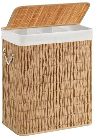 Wäschekorb mit Deckel, Wäschesammler aus Rattan mit Griff, abnehmbare und waschbare Innenhülle, verstärkte Bambusstreifen an der Innenwand (Natural, 150L (60 x 40 x 60 cm))