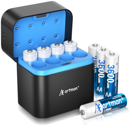 Artman Rechargeable Lithium AA Batteries 8-Pack 3600mWh with Fast Charger, AA Lithium Batteries for Blink Outdoor Camera, 1.5V Constant Output Double A Battery Recharge up to 2000+ Cycles