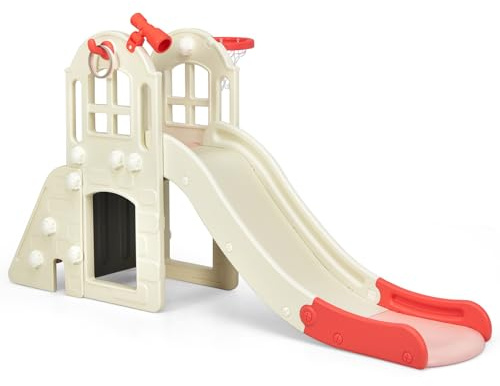 HOMASIS Aire de Jeux avec Toboggan, Panier de Basket, Garde-Corps Haut et pédale Amovible, Ensemble Toboggan intérieur et extérieur pour Enfants 3+ Ans, 189,5x83x98cm (Rose)