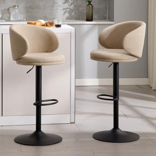 chairus Set di 2 Sgabelli da Bar in Tessuto di Lino Sgabelli Alti Regolabili e Rirevoli Sgabelli Cucina con Schienale Sgabelli Moderni con Gambe in Metallo Sedie Alte per Bar/Cucina/Penisola, Cachi