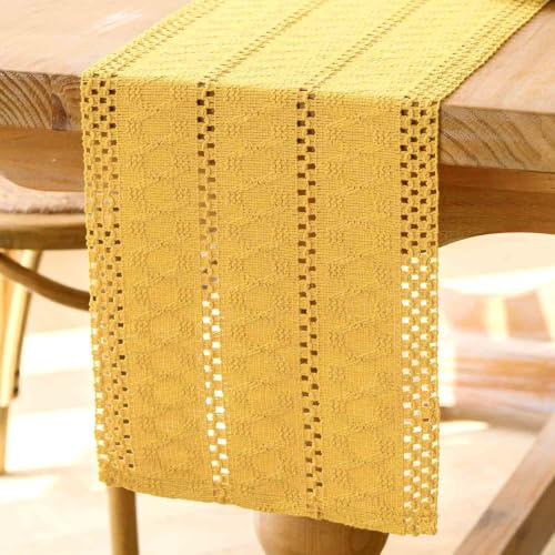 Jayusaror Tischläufer Gelb Boho Makramee Modern Frühling Bauernhaus Klein Tischdecke Schmal Landhausstil Rustikaler Tisch Läufer Baumwolle Leinen Table Runner für Hochzeit Party Deko 30x180 cm