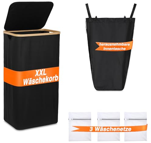 OXIRU® XXL Wäschekorb mit Deckel - Modernes Design Wäschesammler & Wäschesortierer - Faltbare Laundry Box mit Innensack & Wäschenetzen - Perfekt als Wäschetruhe für Schlafzimmer, Wohnung & Waschküche
