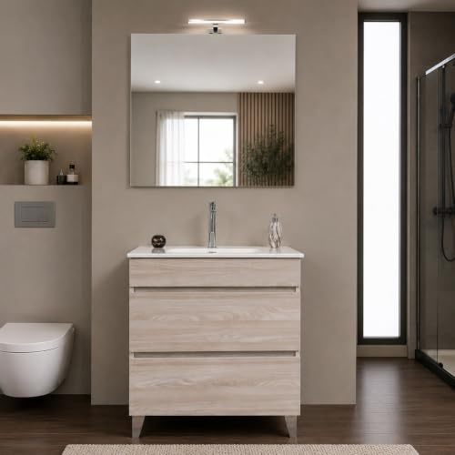 Yellowshop | Mobile Bagno Musa 100 cm - Composizione Completa con Lavabo Ceramica, Specchio e 2 cassetti con Guida Soft-Close - Finitura Olmo (Composizione Completa)