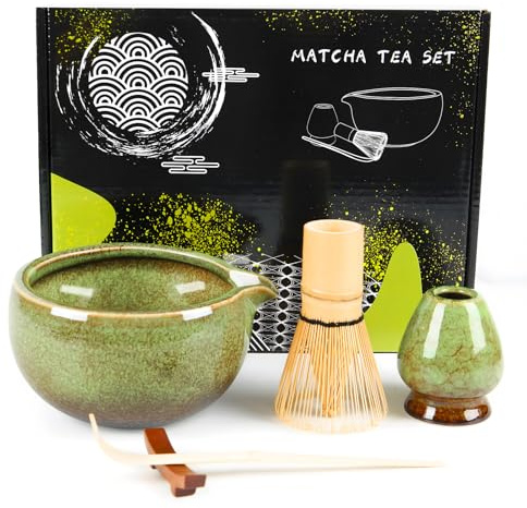 Snovire Matcha Set, 5 Pcs Matcha Kit Includes Matcha Bowl, Matcha Whisk, Whisk Stand, Bamboo Scoop, Spoon Rest, Japanese Tea Set for Matcha Lovers (Powder Not Included) (Kiln-Changed Green)
