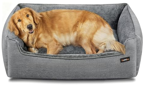 Feandrea Hundebett, Hundekissen in Leinenoptik, Hundekorb, erhöhte Ränder, rutschfeste Unterseite, Bezug abnehmbar waschbar, XL, für große Hunde, 100 x 75 x 25 cm, hellgrau PGW014GD01