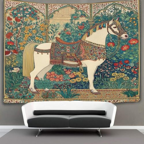 Caballo, estampado floral y geométrico Tapiz Colgar En La Pared, Estilo miniatura persa Wall Tapestry, Para Decoración De Dormitorio, Celebración De Fiesta De Cumpleaños O Fondo De Jardín 180cmx230cm