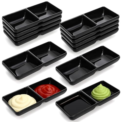 Jowgut 12 Pieces Dual Dipping Sauce Bowls, Melamine Soy Sauce Dish with 2 Compartments, Divided Fondue Plate Appetizer Plate for Restaurant Kitchen Parties Condiments Sauce Ketchup Dishwasher Safe