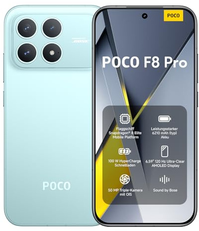 XIAOMI POCO F8 Pro, Smartphone 12+512 GB, 6.59 120Hz AMOLED Display, 50MP Triple Camera 60mm Telephoto, Sound by Bose, 6210mAh (typ) Battery, Blue, Charger Not Included