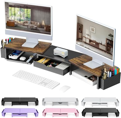 Pygocereri Doppel Monitorständer, Metall Monitor Erhöhung mit Schublade und 2 Stifthaltern, einstellbare Länge und Neigung – Dual Monitor Stand Riser für Laptop, PC, Computer, Drucker (Holz)