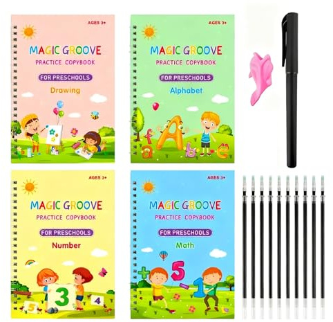 Large Magic Ink Practice Copybook for Kids 4 Reusable Grooved Hand Writing Books Caligraphy Beginners Set for Drawing Math Numbers English Alphabet 4 Books 1 Fountain Pen 10 Refills 1 Aid Pen Grips