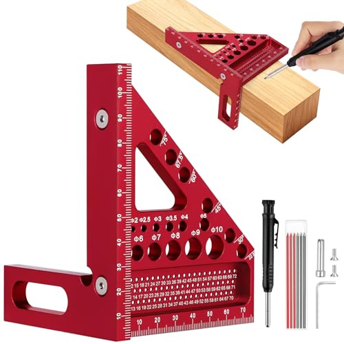 Flintronic 3D Carpenter Square, 22.5-90 Degree Aluminium Alloy Angle Measuring Ruler, 110mm High Precision Woodworking Speed Square with Woodworking Pens for Engineers Carpenters(Red)