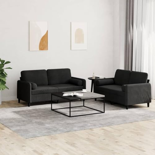 QUAHEAS 2-TLG. Sofagarnitur, Schwarz Samt, Robuster Metallrahmen, Bequeme Polsterung, Wohnzimmer Möbel Set, Moderne Couch mit Rollkissen