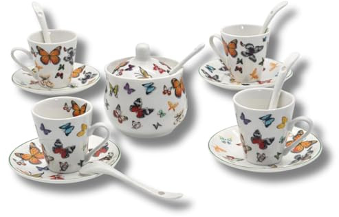 LEONARDO LUXURY HOME DESIGN Set Caffè 4 Persone Porcellana Tazzine con Piattini Cucchiaini e Zuccheriera Decoro Farfalle Espresso Elegante Idea Regalo (4TazzeFarfalle+Zuccheriera)