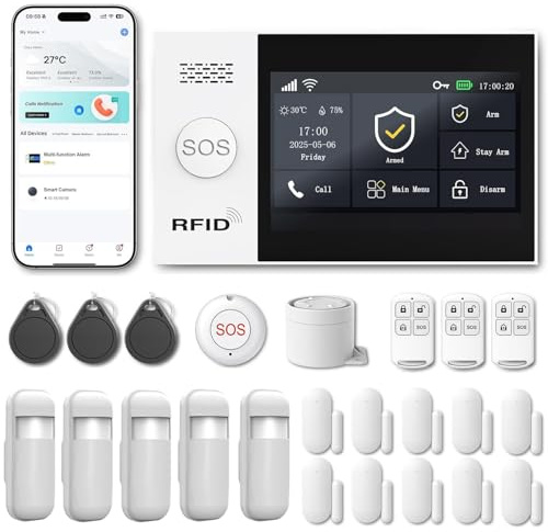 RenseCum Sistema de Alarma para casa WiFi 4G sin cuotas, Kit Alarma casa inalámbrico 24 Piezas con Pantalla táctil 4,3, Sirena 120 dB, detectores de Movimiento y sensores Puerta/Ventana (Kit de 24)